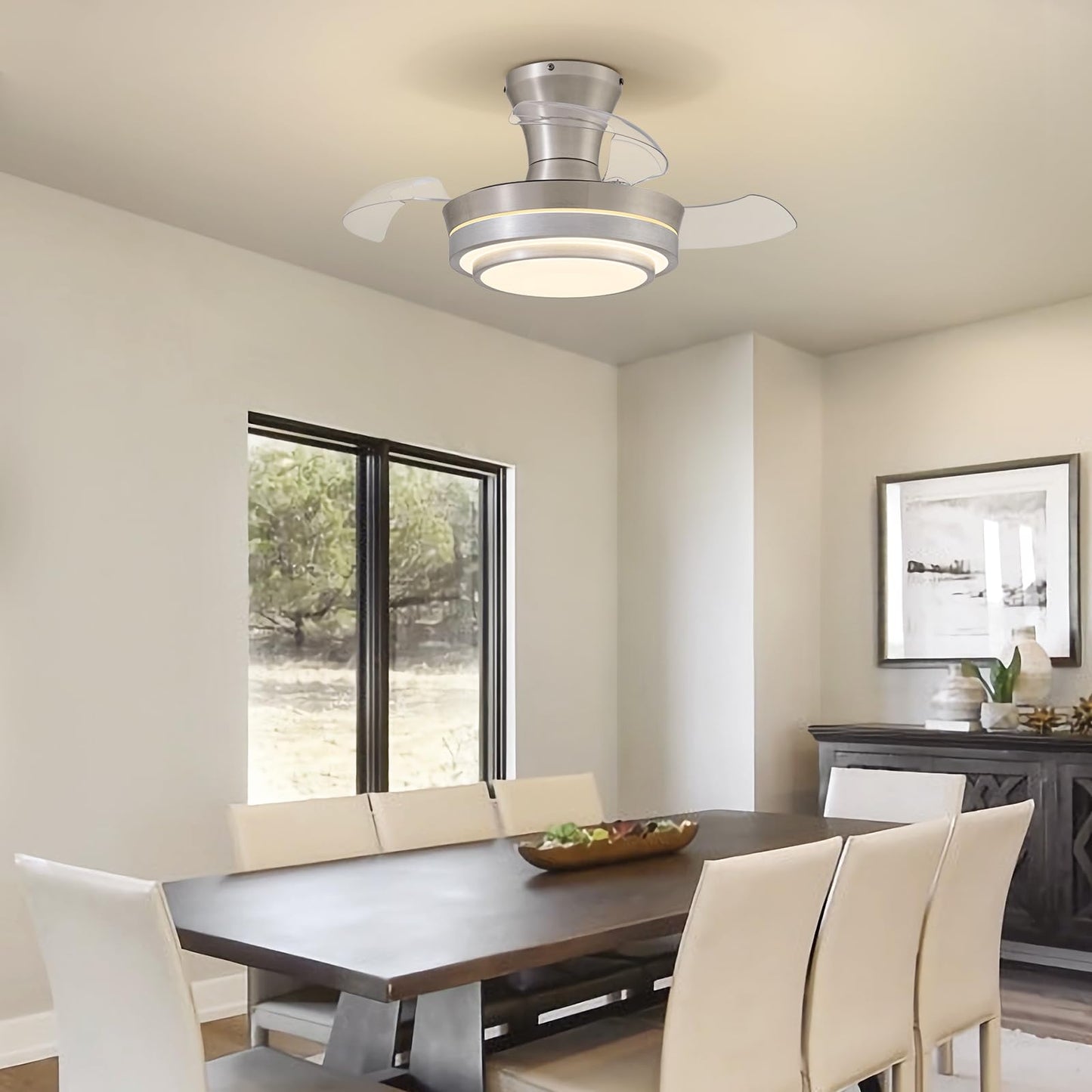 APBEAMLighting Retractable Small Led Ceiling Fan with Light and Remote 28 Inch Low Profile Brushed Nickle Modern Fandelier for Bedroom Living Room Dimmable 6 Speed Reversible Smart Ceiling Fan