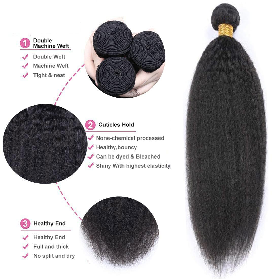 OLFORY Hair Bundles 12A Yaki Kinky Straight Human Hair 3 Bundles 100% Unprocessed Mongolian Virgin Human Hair Kinky Straight Bundles Yaki Hair Natural Color (20 22 24)