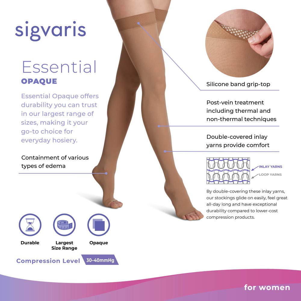 SIGVARIS Women’s Essential Opaque 860 Open Toe Thigh-Highs w/Grip Top 30-40mmHg - Small Long - crispa