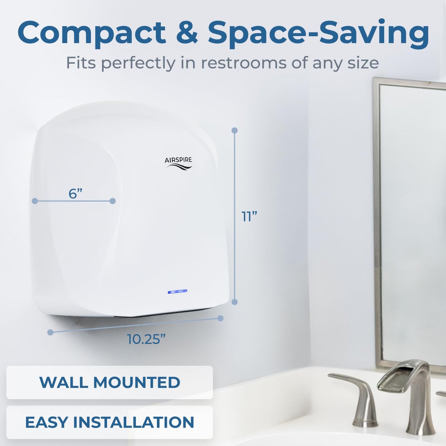 AIRSPIRE Electric Hand Dryer for Commercial Bathrooms & Home Use (110-120V) - Energy Efficient 1100W Automatic Hand Dryer - HEPA Air Filtration & UV Protection - Wall Mounted, 78 dB - Warm Air (White)