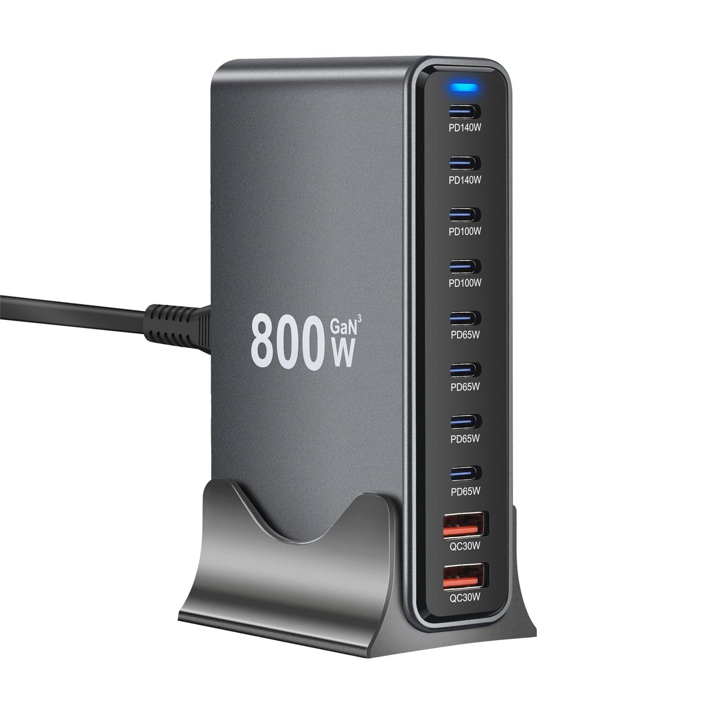 800W GaN3 10-Port USB-C Charging Station - Fast Charger for Laptops, Tablets, Smartphones, and More (Black)