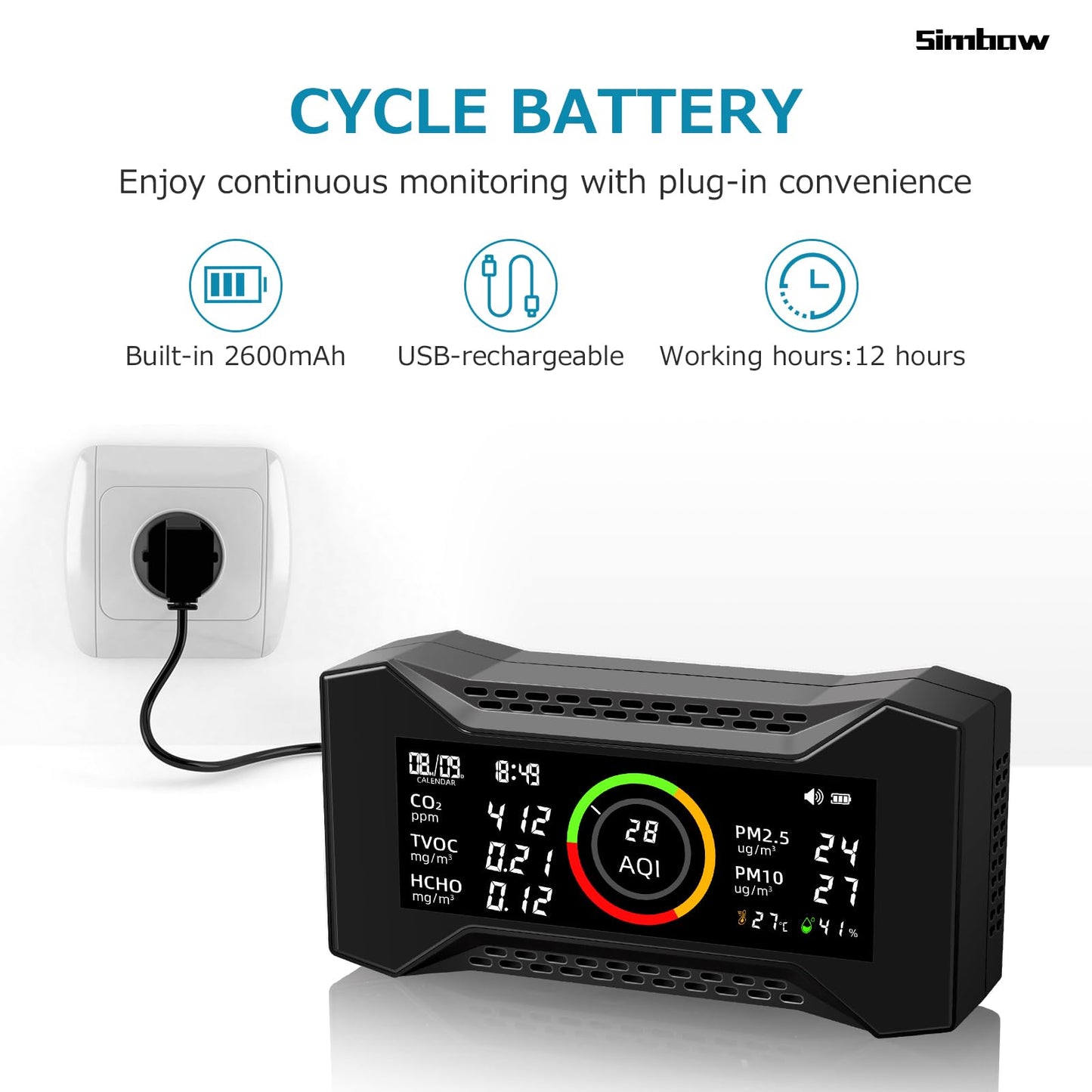 Air Quality Monitor Indoor, Simbow CF-20 DL 7-in-1 Wildfire Monitor Detect (PM2.5, PM10, CO2, VOC, Formaldehyde, Humidity, Temp) Free Data Export, Air Quality Meter for Home Office School