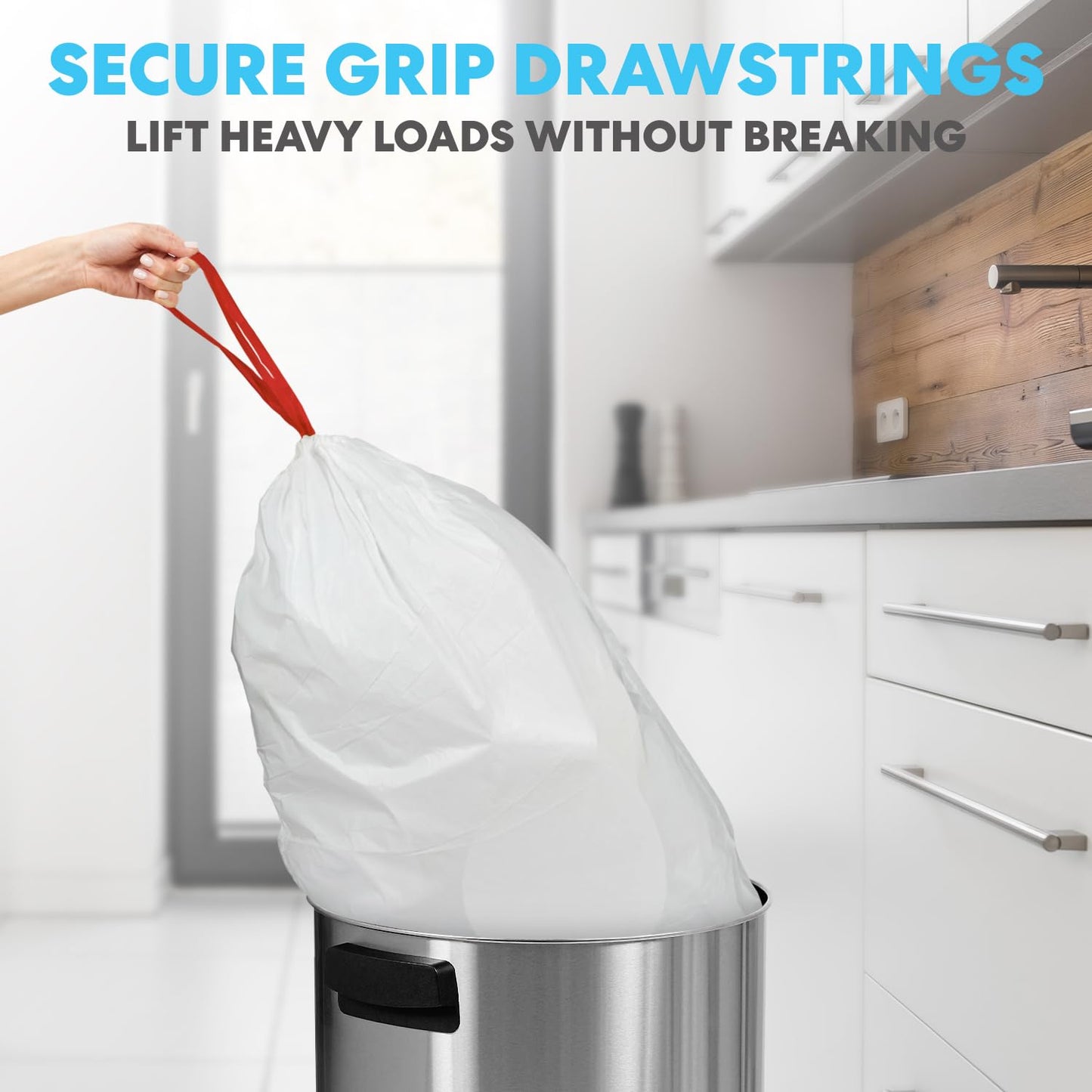 Simpli-Magic 17 Gallon Drawstring Trash Bags, Code C, 120 Pack – Tall Kitchen Garbage Bags, Custom Made with Premium Materials (White)