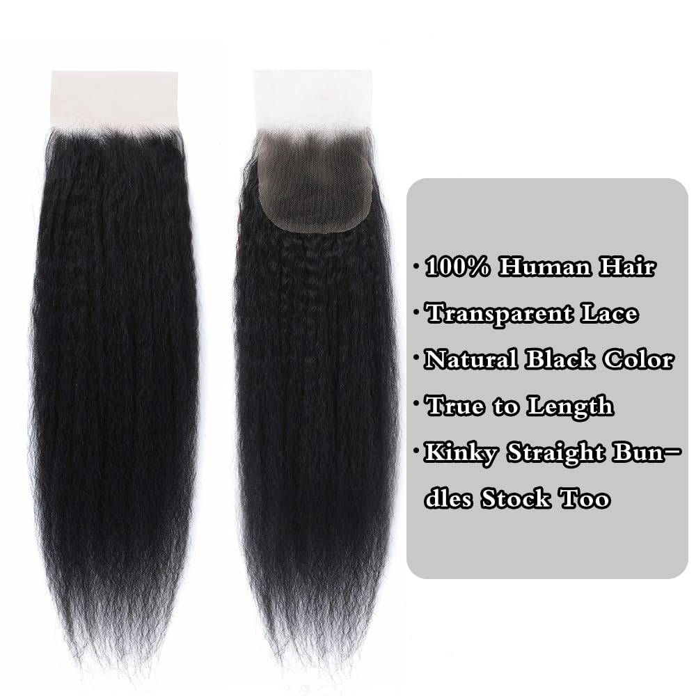 Kerriana 20 Inch Lace Closure Human Hair Kinky Straight Transparent Yaki 4 by 4 Closure For Women Natural Black Color