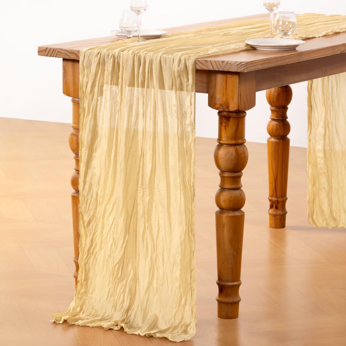 DeZerlor Champagne Gold Cheesecloth Table Runner 10 Pack Summer Table Runners Boho Gauze 120 Inches Cheese Cloth Table Decor for Wedding Bridal Baby Shower Parties