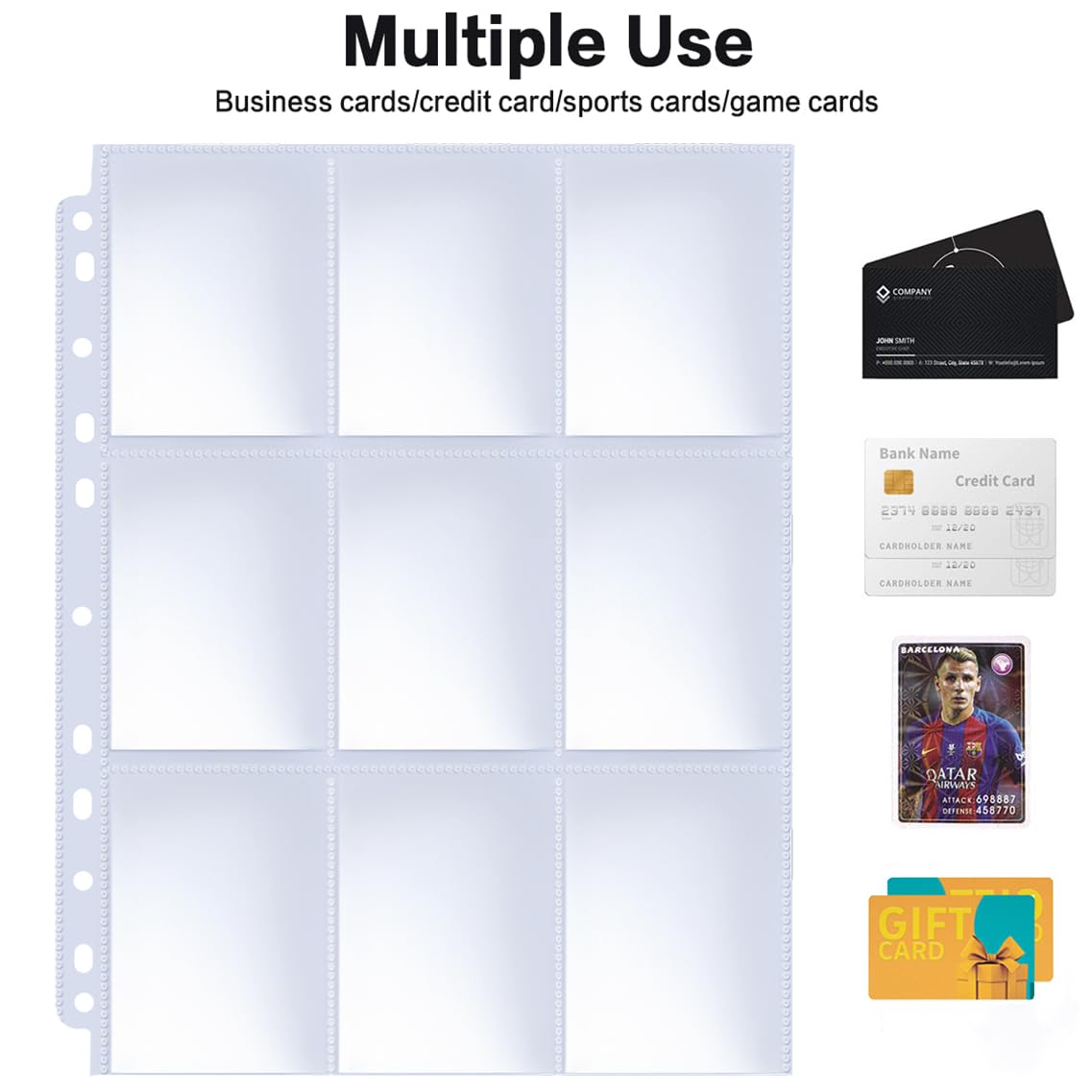 Trading Card Sleeve Pages, HERKKA 200 Pack 9 Pocket Album Pages 11 Holes Fit 3 Ring Binder