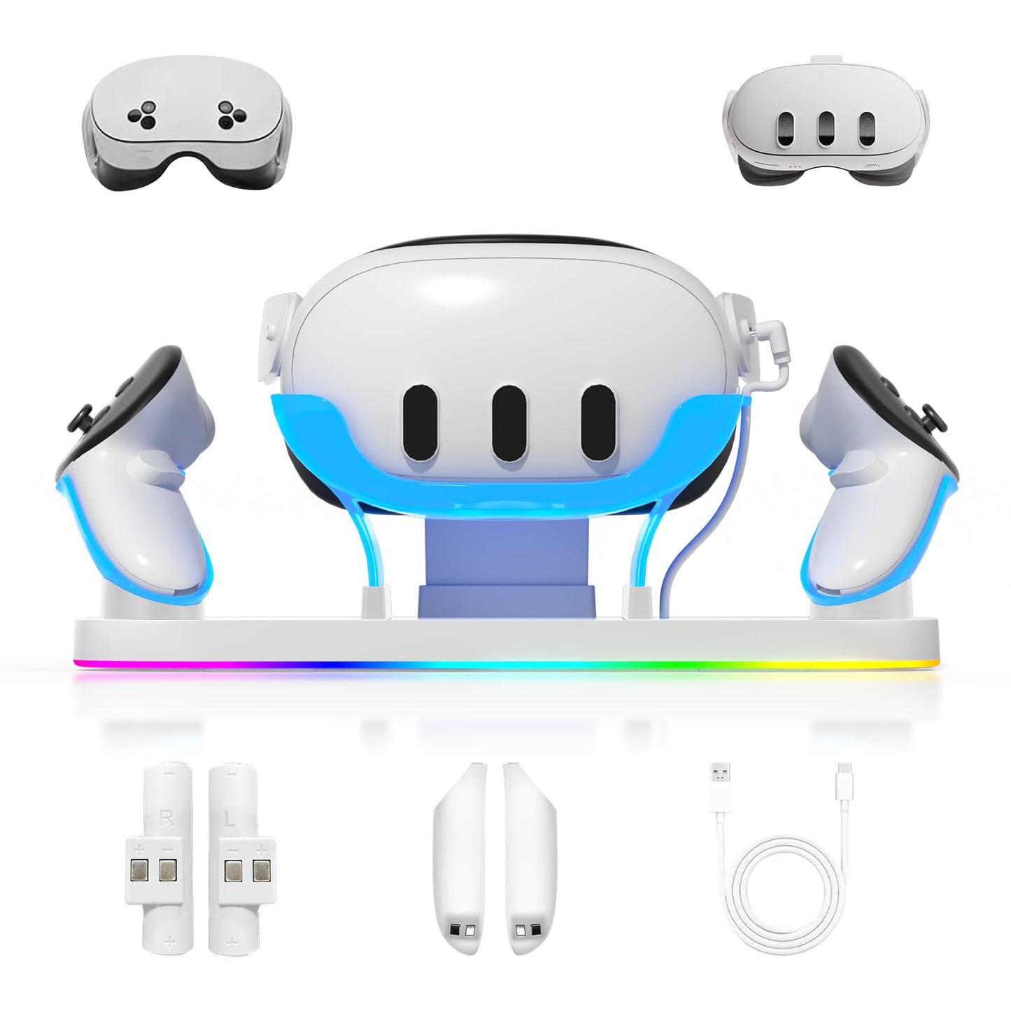 Judkoir Charging Dock for Meta Quest3/3S, 18W Fast Charger with 2 Rechargeable Batteries, 8 LED Lighting Modes, USB-C Charging Accessory for Oculus Meta Quest 3/3S, Support Elite/Battery Head Strap