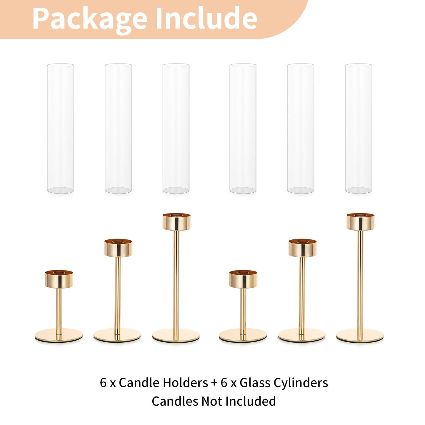 NUPTIO Hurricane Candle Holder for Candlestick: 6 Pcs Gold Taper Candlestick Holders - Tall Modern Candles Stick Decor with Cylinder Shape Cover for Dinner Table Centerpiece