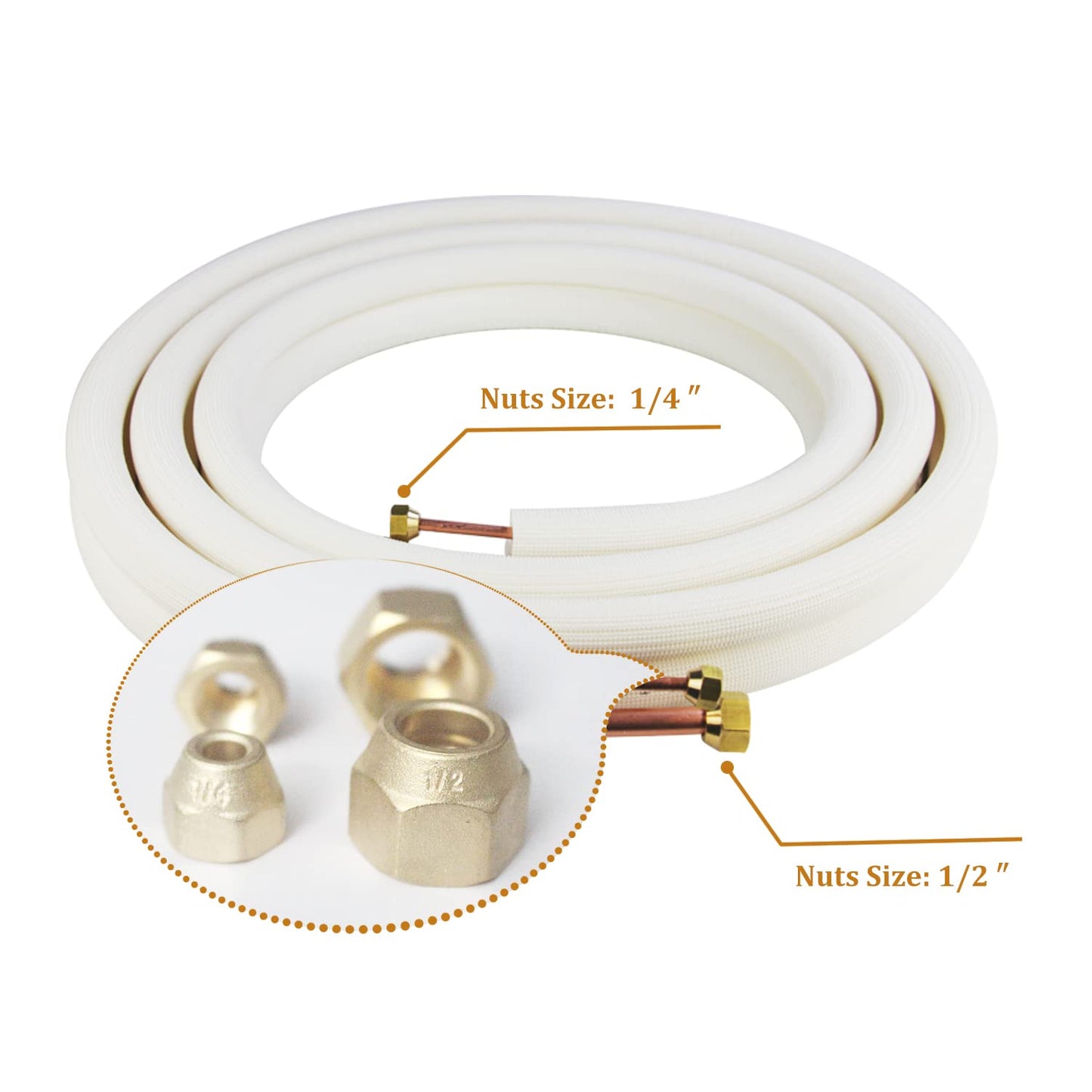 25 Ft Mini Split Line Set.Air Conditioner Copper Tubing Pipes Extension Set, 1/4" & 1/2" 3/8" PE Thickened for AC and Heating Equipment Insulated Coil Line Set HVAC Refrigerant with Nuts. (1/4+1/2)