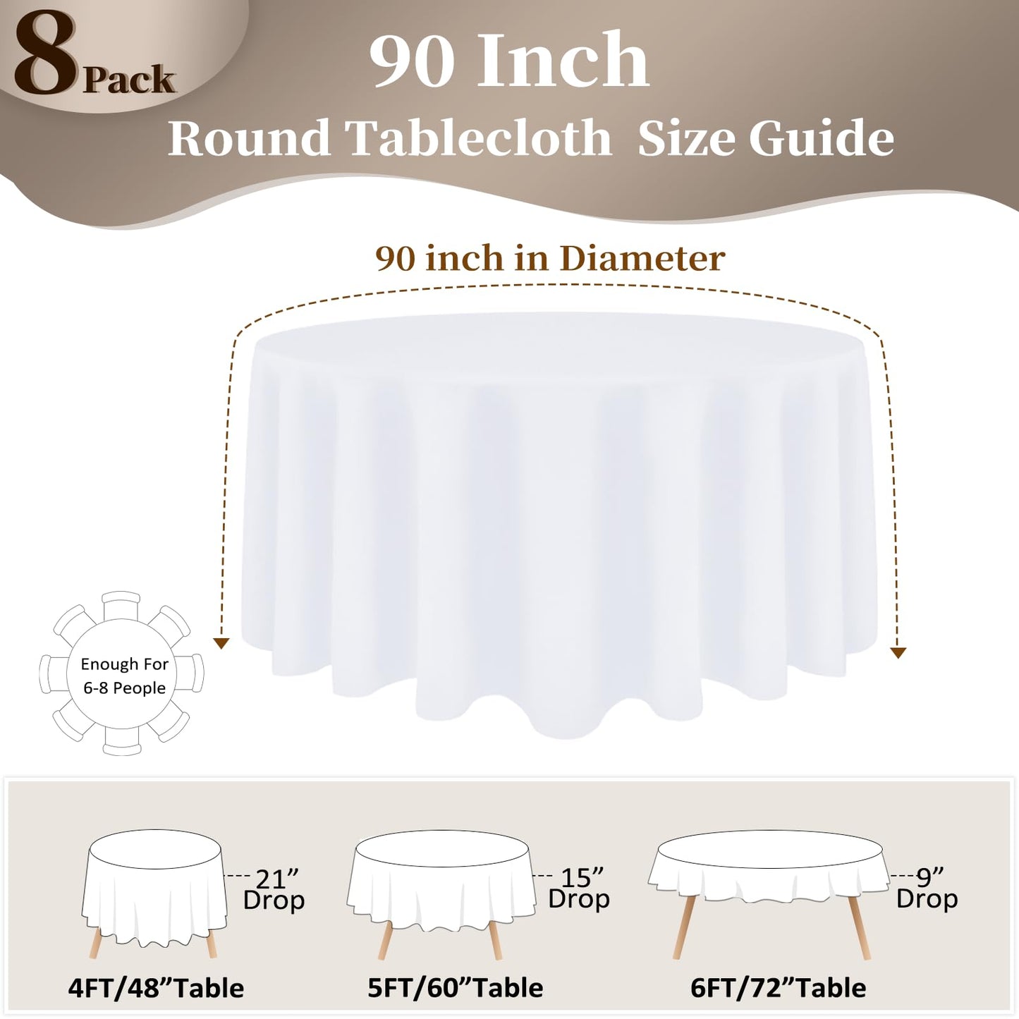 8 Pack White Round Tablecloth 90 Inch Round Table Cloth, Wrinkle Resistant and Washable Tablecloth Polyester Fabric Table Cloth Round Cover for Dining Wedding Banquet Party