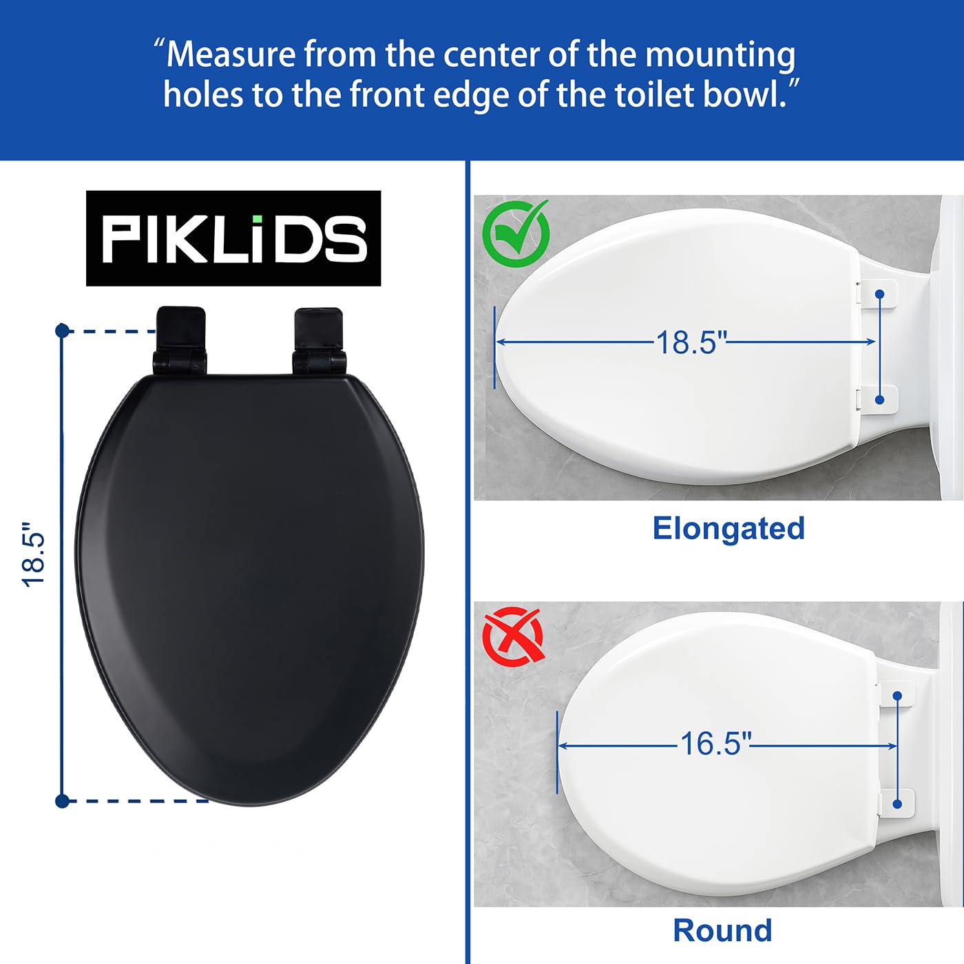 Toilet Seat, Slow Close, Soft Touch, Ultra-Smooth Matte Finish (No Orange-Peel Texture), Premium Moulded Wood, Quick Release, PIKLiDS (Black, Elongated)