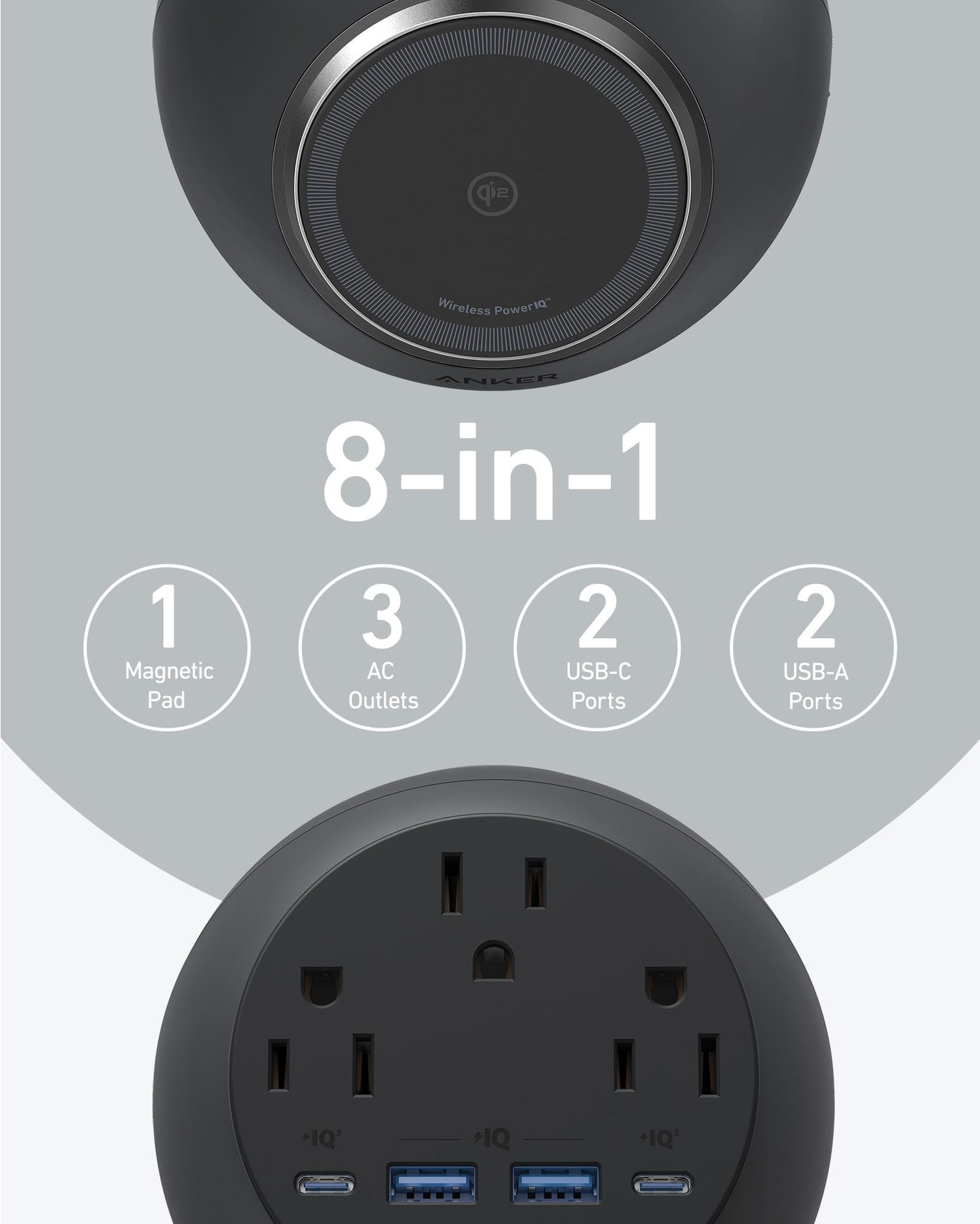 Anker MagGo Magnetic Charging Station, Qi2 Certified 15W Ultra-Fast MagSafe Wireless Charger for iPhone 15/14/13, 8-in-1 Power Strip with 3 AC and 4 USB Desktop Charger for MacBook and More