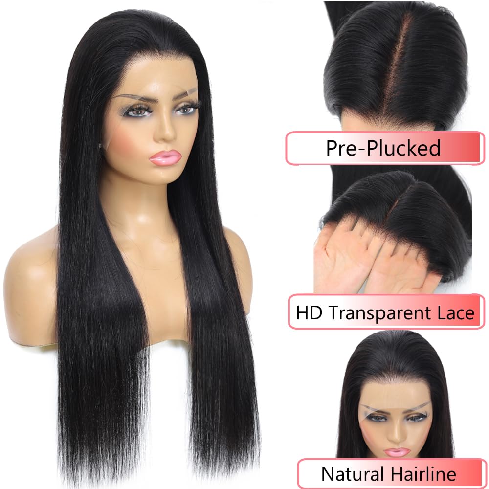 13x6 Lace Front Wigs Human Hair 250% Density Straight HD Transparent Lace Front Human Hair Wigs for Women 13x6 Straight Wigs Brazilian Wigs Human Hair Natural Color(straight wigs, 28 Inch)
