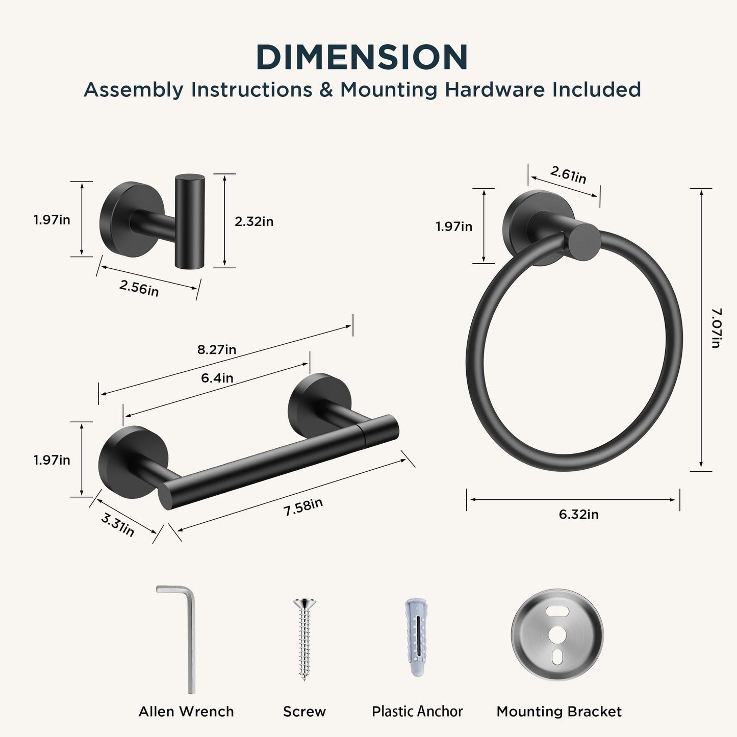 FORIOUS 4 Piece Bathroom Accessories, SUS304 Stainless Steel Toilet Paper Holder, Towel Ring and 2 Towel Hooks, Wall Mounted Bathroom Hardware Set (Matte Black,Double Post Pivoting)