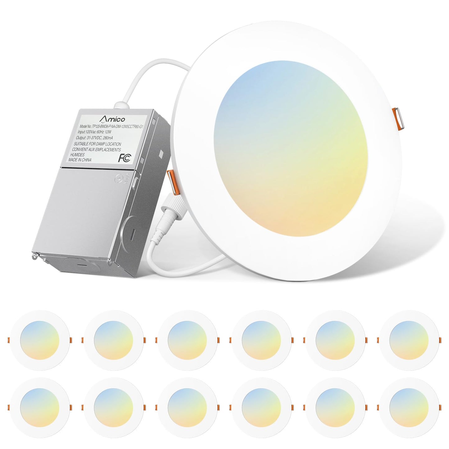 Amico 12 Pack 6 Inch 5CCT Ultra-Thin LED Recessed Light with Junction Box, 2700K/3000K/4000K/5000K/6000K Selectable, 1000LM Brightness, Dimmable Canless Wafer Downlight, 12W Eqv 110W-ETL&FCC