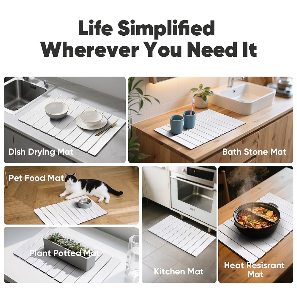 Stone Drying Mat for Kitchen Counter, Quick Diatomaceous Earth Mats for Dishes, 24"L x 16" W Super Absorbent Fast-Drying Collapsible Countertop Stone Mat (White, 24" x 16")
