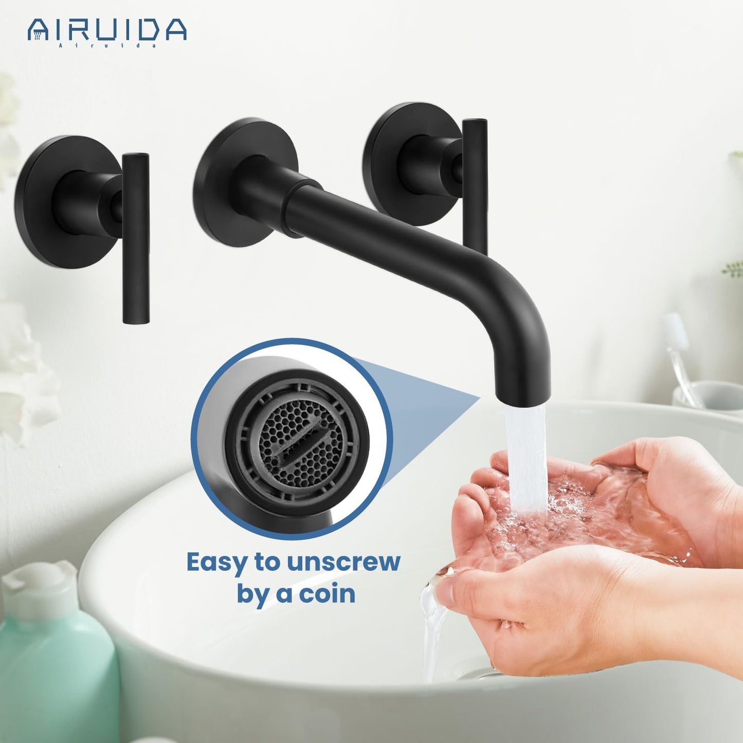 Airuida Wall Mounted Widespread Bathroom Sink Faucet Wall Mount Lavatory Faucet Vanity Sink Mixer Tap 2 Lever Handles 3 Holes 360 Swivel Spout with Brass Rough in Valve Matte Black