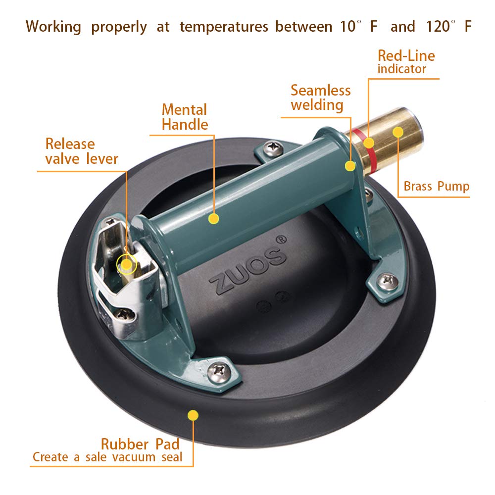 ZUOS 8" Glass Suction Cup for Granite & Glass Lifting, Vacuum Glass Lifter with Metal Handle and Brass Pump,600lbs Load Capacity (8" Metal)