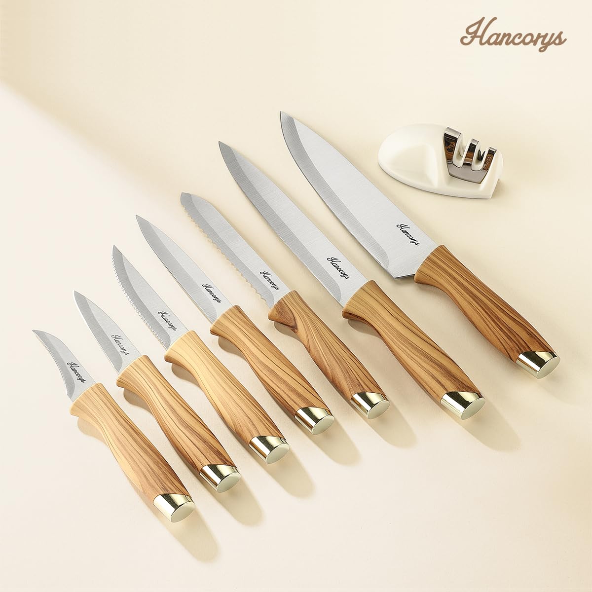Hancorys Knife Block Set, Kitchen Knife Set with Sharpener, German Stainless Steel Gold Knives Set with Block and Ergonomic Wood Grain Handle, Ultra Sharp Cooking Knives