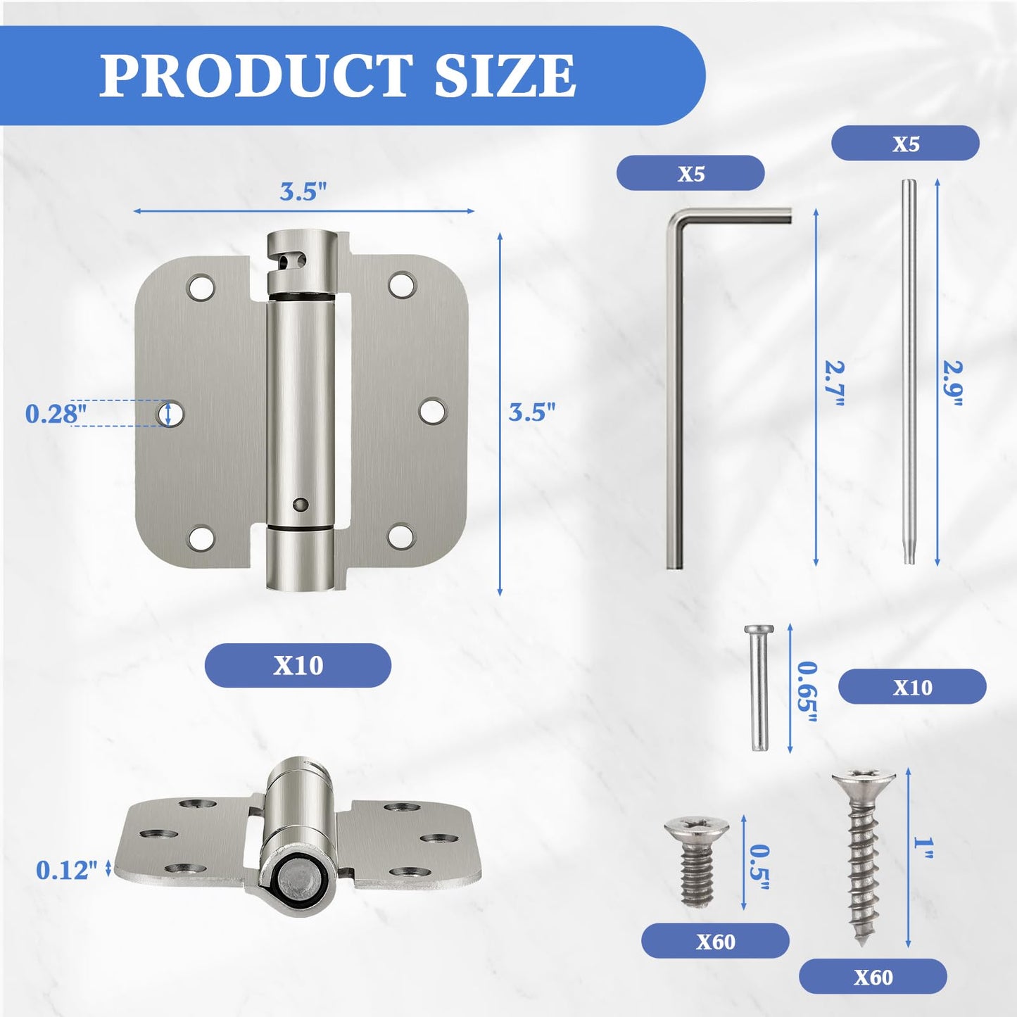Yaocom 10 Pcs Self Closing Door Hinge 3.5'' Spring Loaded Hinges Automatic Door Closer Hinge Adjustable Tension for Garage, 5/8'' Radius Corners(Silver,3.5'')
