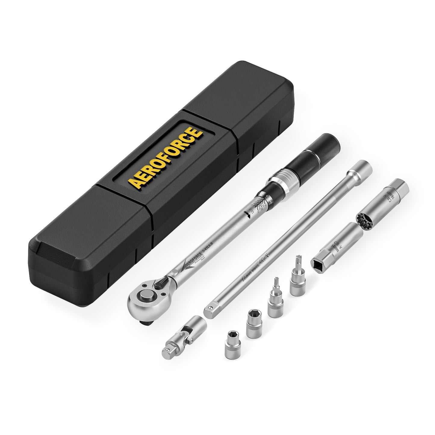 AEROFORCE 9Pcs Magnetic Spark Plug Socket set with 3/8-inch Drive Torque Wrench Set(5-45 Lb.ft/6.8-61.2 Nm),12-Point Sockets 14mm & 16mm, a 10 Inch Extension bar and a Universal Joint