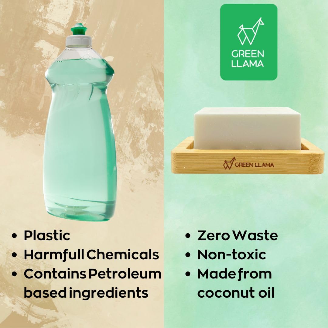 Green Llama Dish Washing Bar Soap Set with 2 Solid Coconut Oil Bars, Sisal Scrub Brush & Bamboo Holder, Fragrance-Free Kitchen Cleaning Set