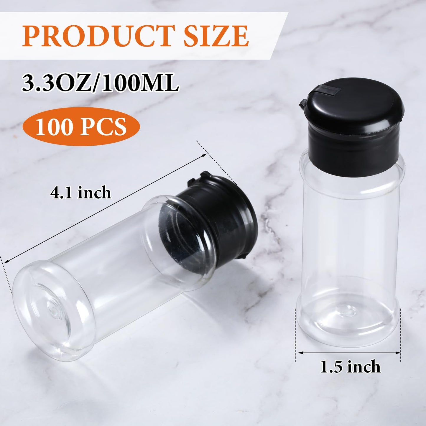 Amyhill 100 Pcs Plastic Spice Bottles Spice Jars Seasoning Jars Shaker Plastic Jars 3.3 Oz/ 100ml Seasoning Shaker with Shaker Lids(Black Lid)