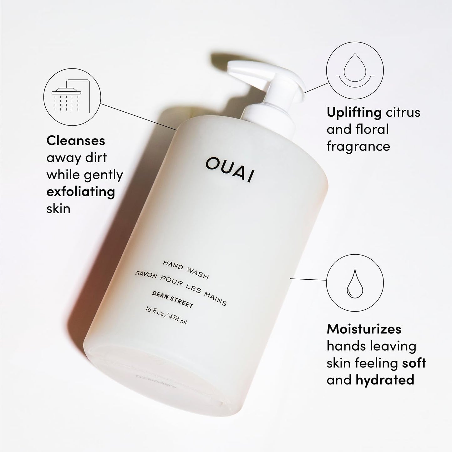 OUAI Hand Wash Full Size - Liquid Hand Soap with Jojoba, Avocado, & Rose Hip Oil for Replenished Skin - Gentle Exfoliating Bathroom + Kitchen Hand Soap - (2 Pack, 16 Fl Oz Each)