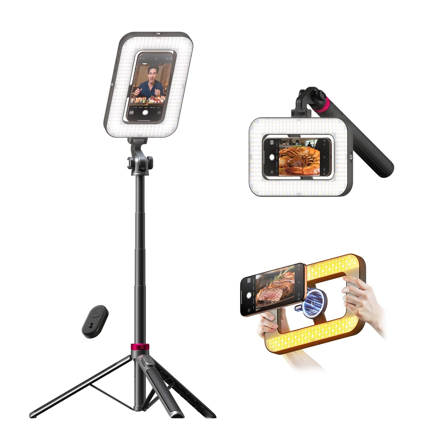 Tripod for iPhone with Light, Portable 15W Ring Light with Stand and Phone Holder for Video Recording, 6000mAh Magnetic Phone Tripod with Light 2500K-9000K for Food Hunt,Mukbang Video,Vlogging,CRI>95