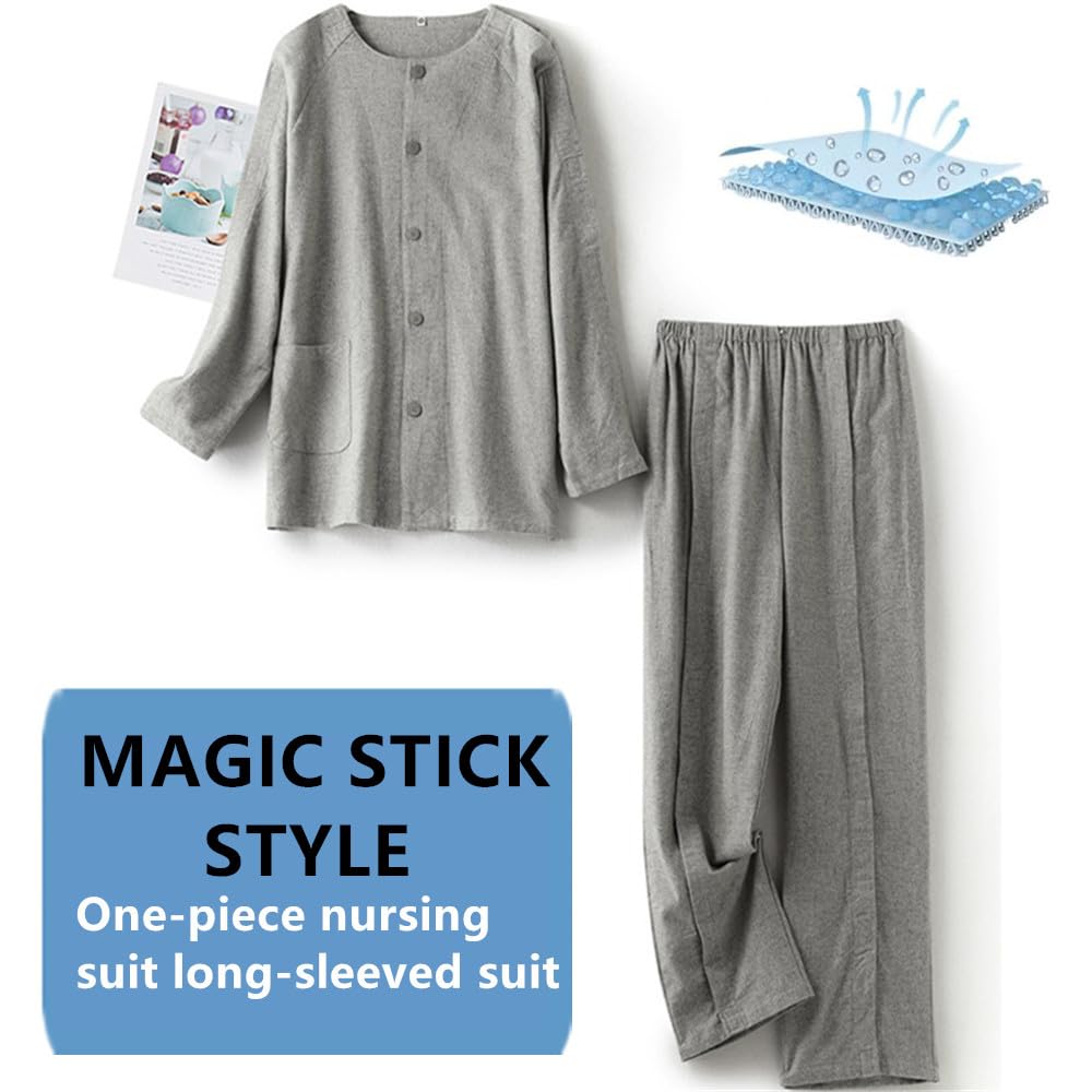 LAROTSUBA Bedridden Patient Clothing,Patient Clothes,Post-op Tearaway Clothes with Magic Sticks,Patient nursing Tops and trousers Set for Home Care,Post Surgery,Elderly(Man,Grey,L)