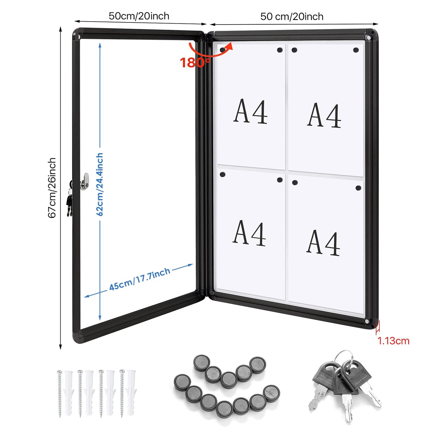 SWANCROWN Enclosed Notice Board Magnetic Bulletin Boards for Office with Locking Door,Black Frame, 26x20inch(4XA4