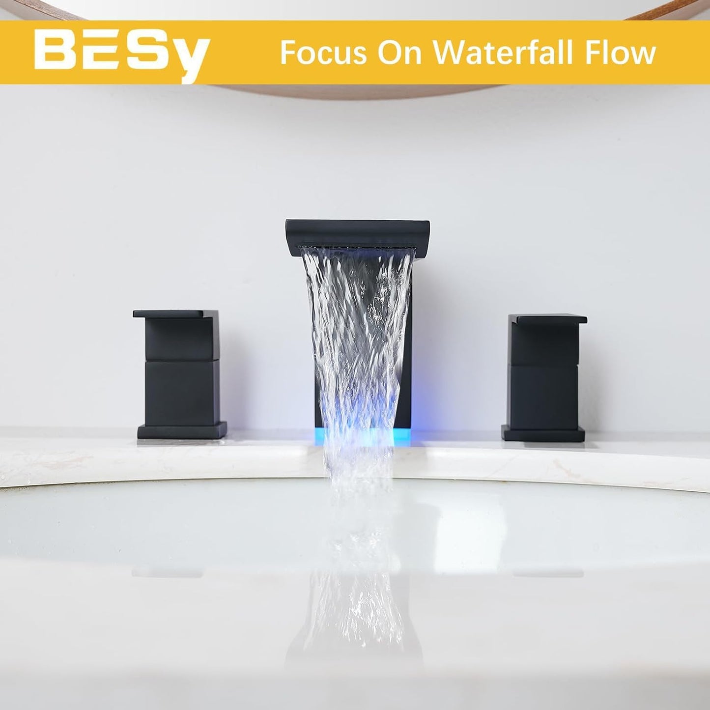 BESy Led 3 Hole Bathroom Sink Faucet, Matte Black Waterfall Widespread Bathroom Faucet with 3 Colors Light Changing, 2 Handle with Supply Lines with Pop Up Drain