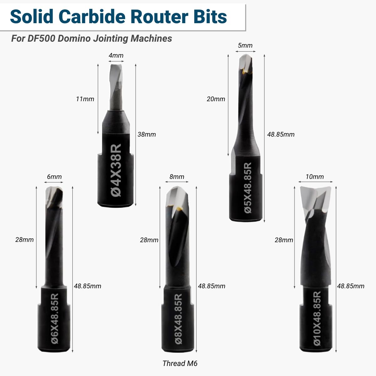 Solid Carbide Bit Set for Domino Jointing Machine, 5 Pieces, 4mm-10mm Cutting Diameters, Black PTFE Coating