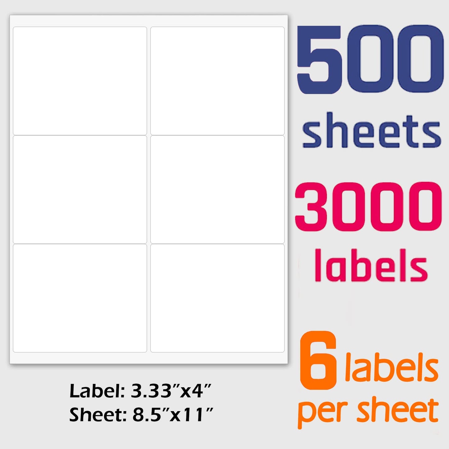 3-1/3" x 4" Shipping Address Labels 3000 Label Stickers Paper for Laser/Inkjet Printer 6 per Page Printable Mailing Labels, FBA Box Labels - Matte, 500 Sheets