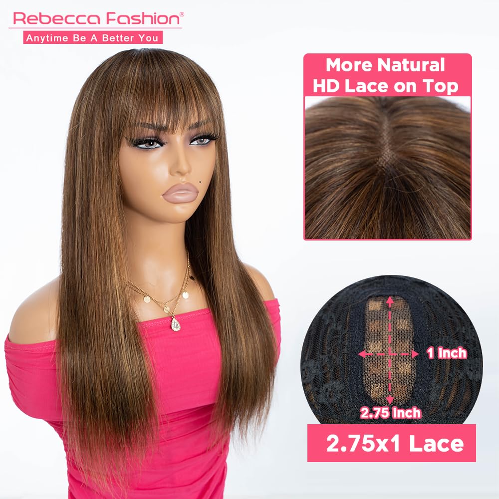 Rebecca Fashion 18 Inch Ombre Blonde Brown Straight Wig with Bangs Human Hair Silky Straight Bang Wig Glueless Minimalist 2.75x1 Lace Scalp Wig for Women Glueless Wear and Go Wigs Brazilian Remy Hair