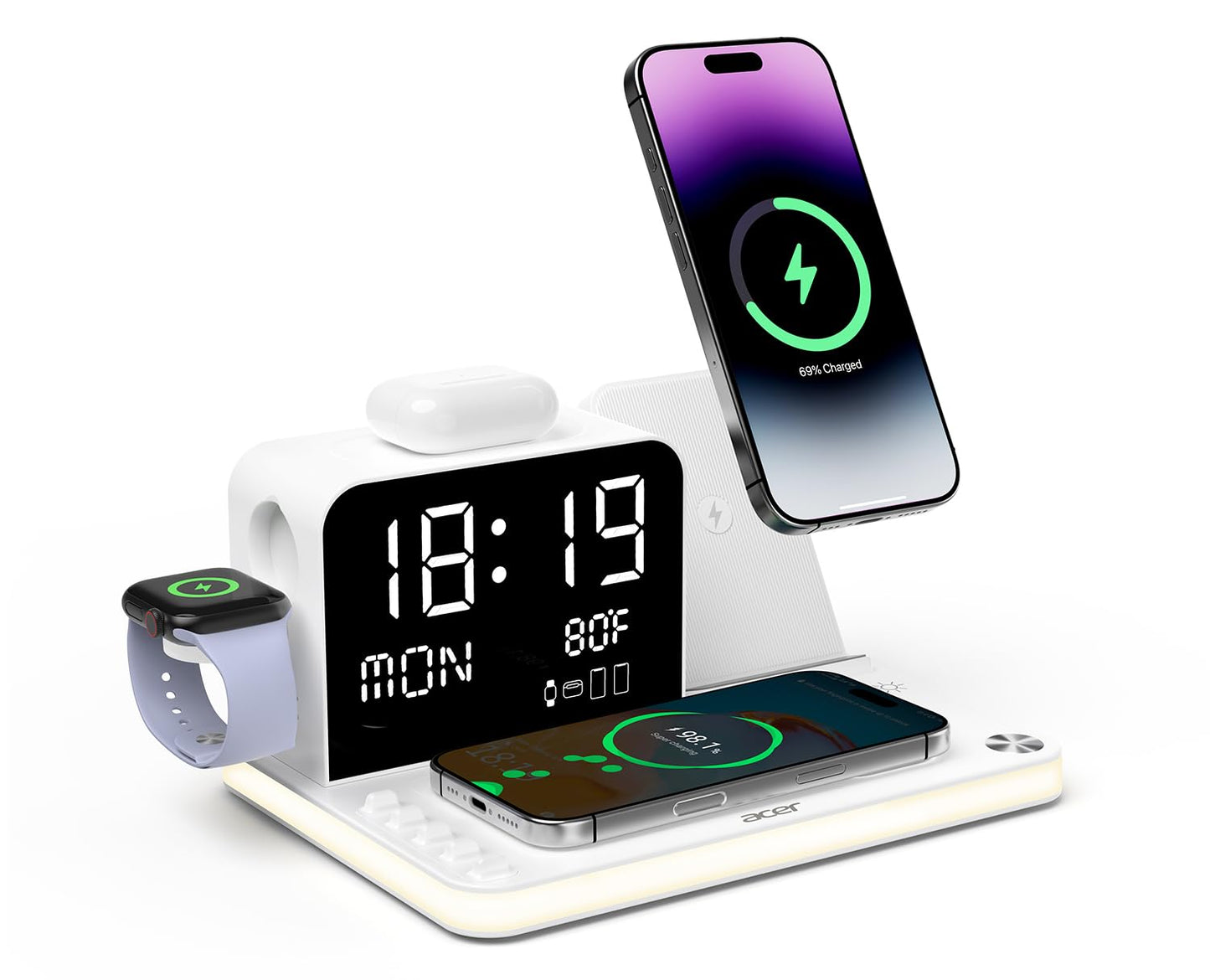 Acer 7-in-1 Wireless Charging Station with LED Clock - 30W Fast Wireless Charger for iPhone 16/15/14/13/12/Pro Max, Apple Watch, AirPods - Bluetooth Auto Time Sync & Night Lights (White)