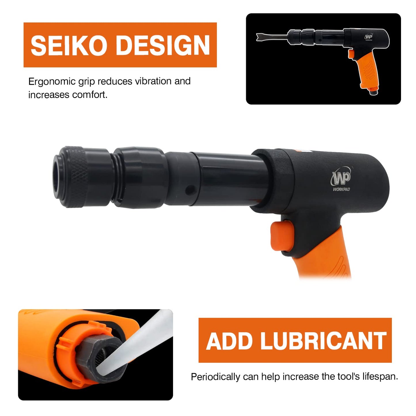 Air hammer,WP WORKPAD 270mm long barrel air chisel kit with 4pcs chisels with quick change retainer air chisel for shoveling and cutting
