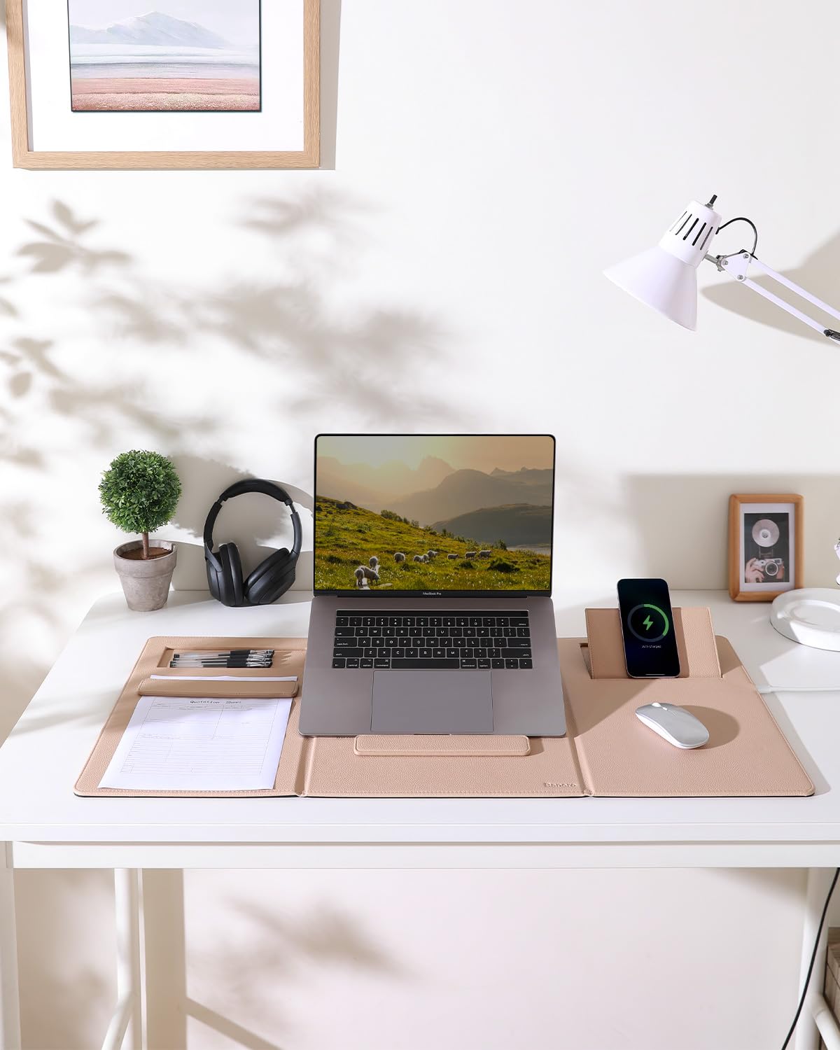 Banero 4-in-1 Laptop Stand for Desk Built-in Wireless Charging Pad, 15W, Qi-Certified, PU Leather Wireless Charging Mouse Pad, Laptop Holder on Top of Desks for Office