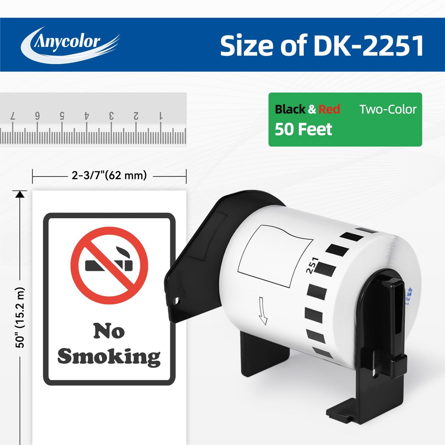 6 Rolls DK-2251 Replace for Brother DK2251 (2-3/7" x 50') Black/Red Continuous Length Labels White Paper Tape, 2.4in x 50ft Use for Brother QL-800, QL-810W, QL-820NWB Printers