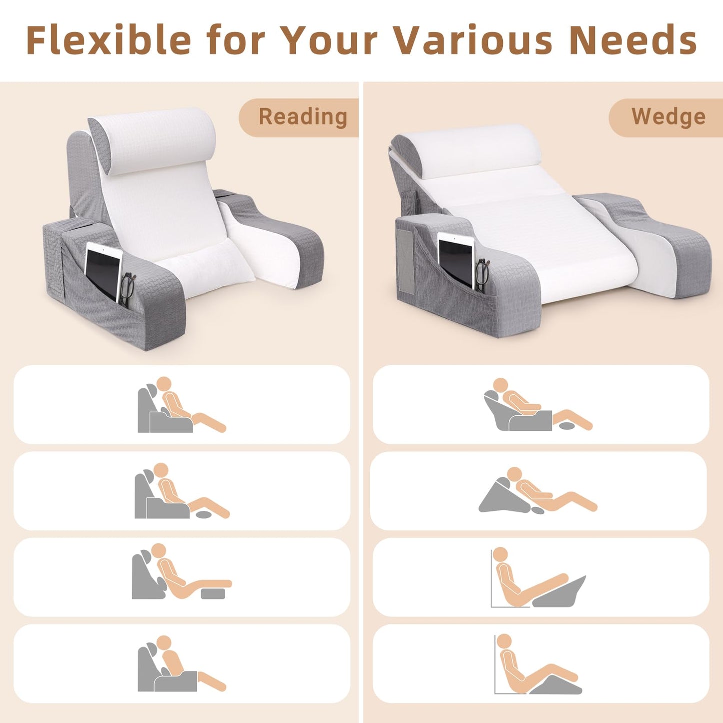 ESUERDO 5PCS Reading Pillow for Sitting in Bed Adult, 2 in 1 Foldable Back Wedge Pillow for Sleep, Ergonomic Back Support Pillow with Arms for Watching TV, Gaming, Working, Recovery, 19” White/Grey