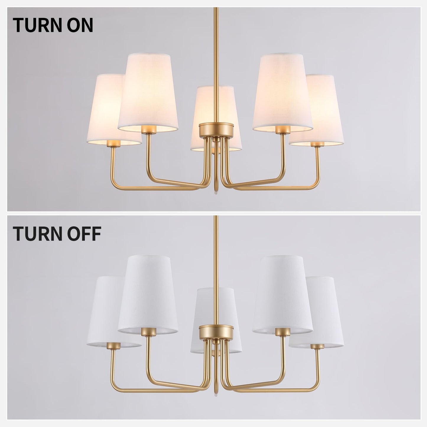 AMZASA Farmhouse Chandelier, 5-Lights Visual Comfort Gold Light, Muted Gold with White Fabric Shade, Linear Island Lighting Fixture for Kitchen, Dining Room
