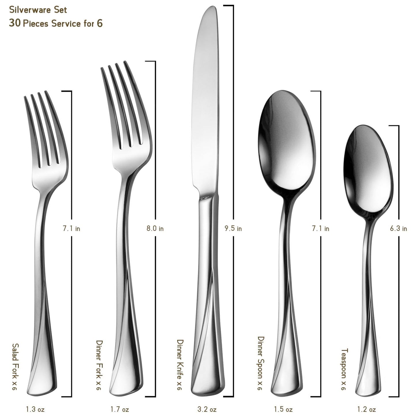 Alata Alice 30-Piece Silverware Set Stainless Steel Flatware Set,Service for 6,Mirror Polished Cutlery Set,Dishwasher Safe