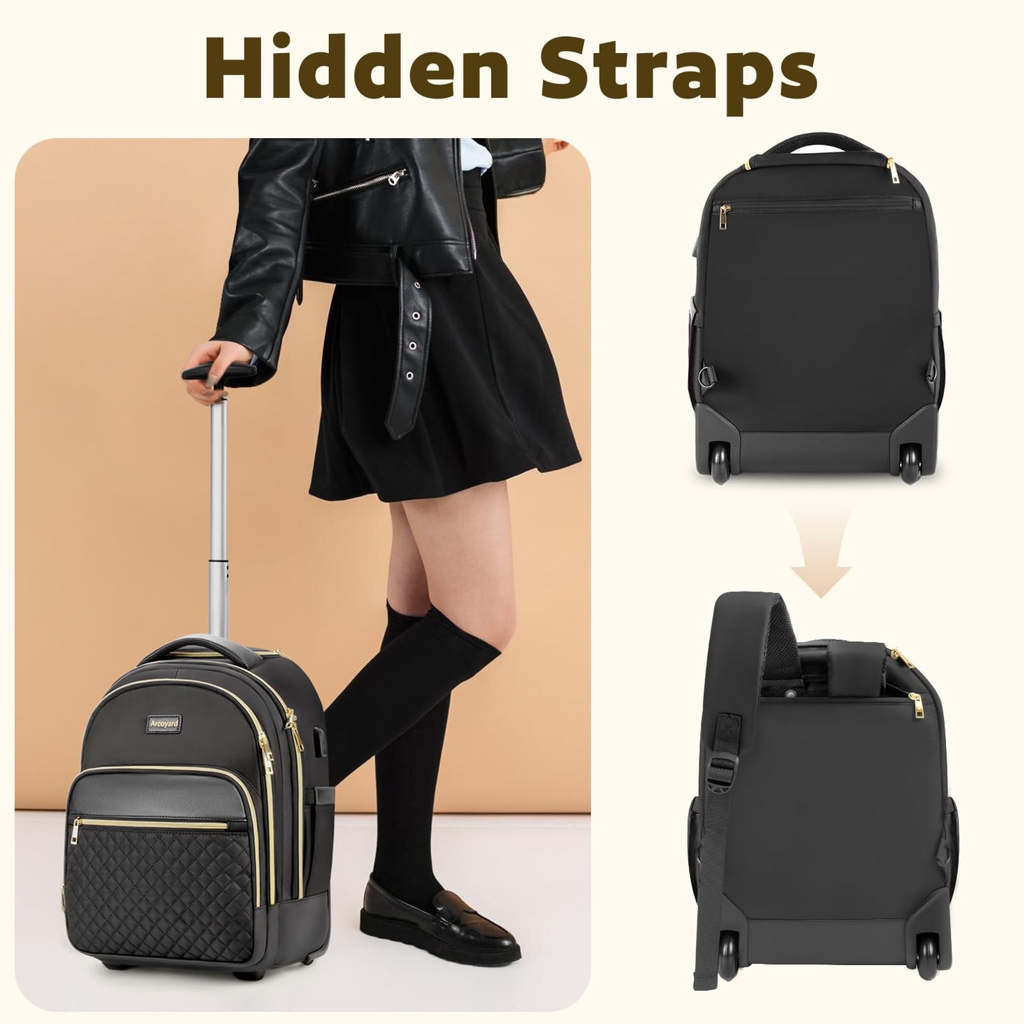 Arcoyard Small Rolling Backpack for Women, Lightweight Travel Backpack with Wheels, Roller Backpack for Adults, Water Resistant Rolling Laptop Bag, Wheeled Underseat Carry On Luggage, Black Gold