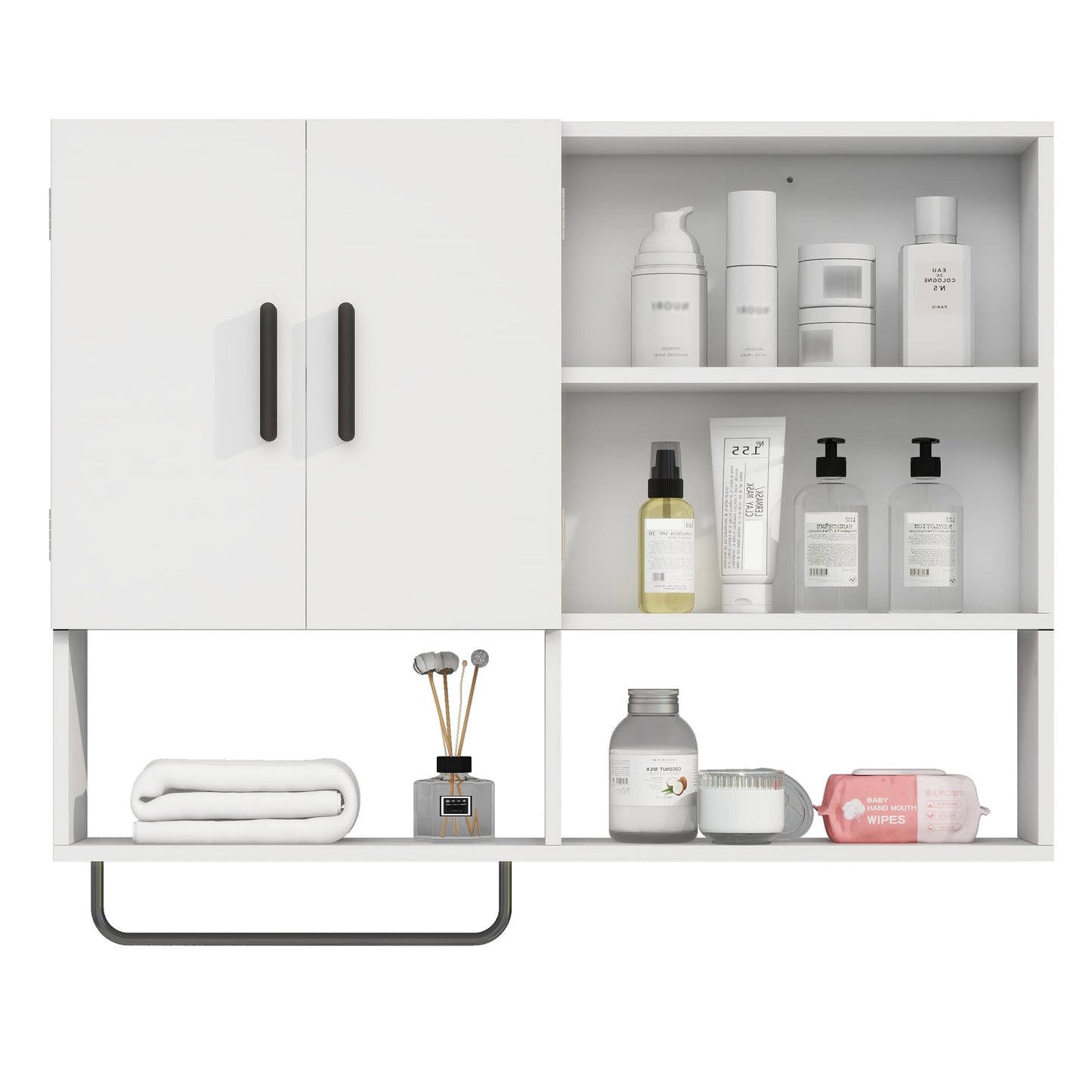 Vavkorkula Bathroom Wall Cabinet, Medicine Cabinet, Wall Mounted Bathroom Cabinet with 2 Doors & Towel Bar, Over The Toilet Storage Cabinet for Laundry & Kitchen, White