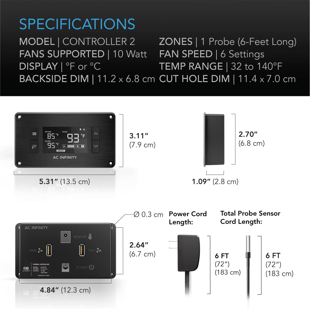 AC Infinity AIRPLATE T7, Quiet Cooling Fan System 12" with Thermostat Control, for Home Theater AV Cabinets