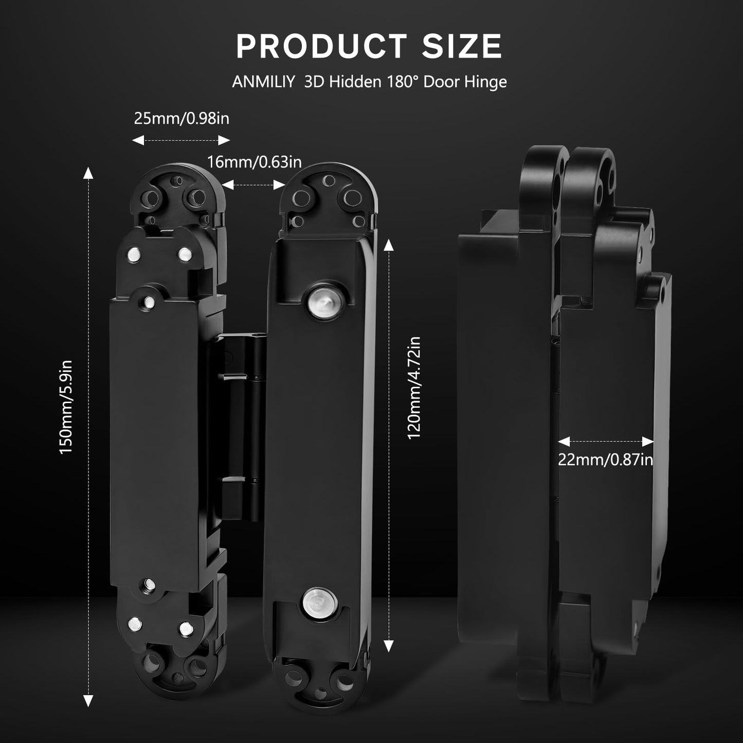 ANMILIY 6" Hidden Door Hinge,Invisible Door Silent Door Hinge,180 Degree Swing Hinge 3-Way Adjustable Butt Hinge(Black, 6 x 2.5 x 1)
