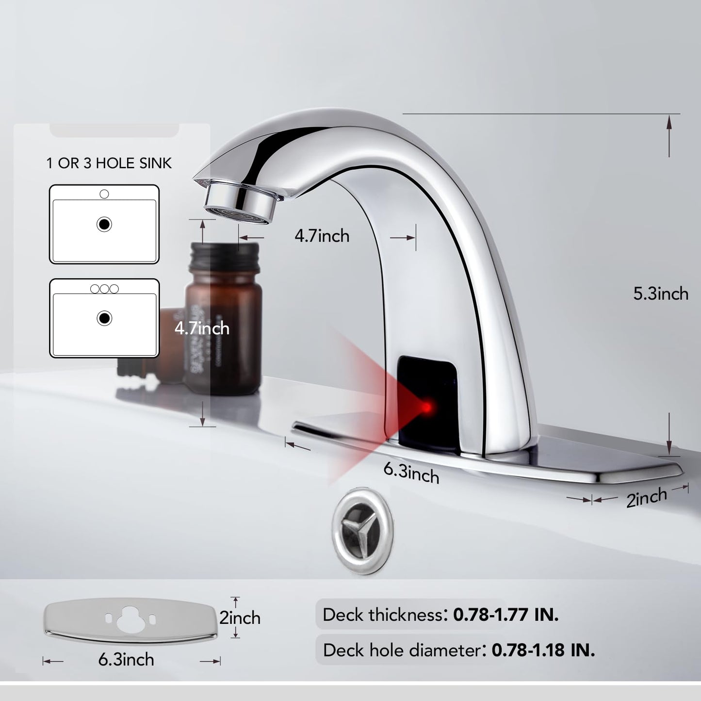 Automatic Touchless Bathroom Sink Faucet Commercial Sensor Motion Activated Hands Free Basin Auto Tap with Deck Cover Plate Battery Operated Temperature Valve Water Saving Modern Stylish(Chrome)