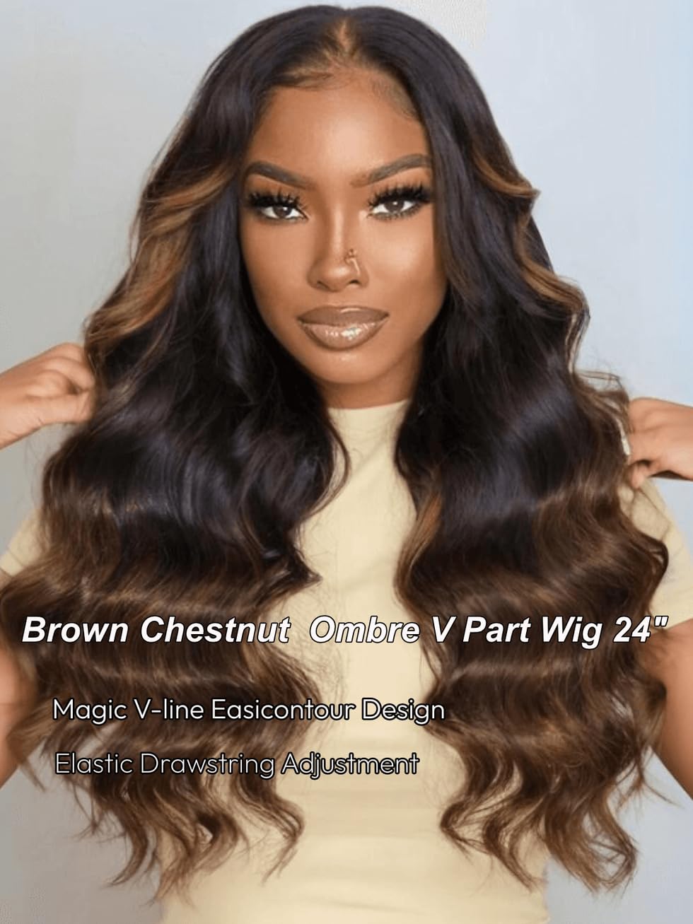 UNICE EasiContour V Part Wigs Human Hair Body Wave Upgrade Glueless U Part Human Hair Wig Chestnut Brown Ombre No Leave Out No Gel Beginner Friendly Clip in Vpart Wig 150% Density 16 Inch