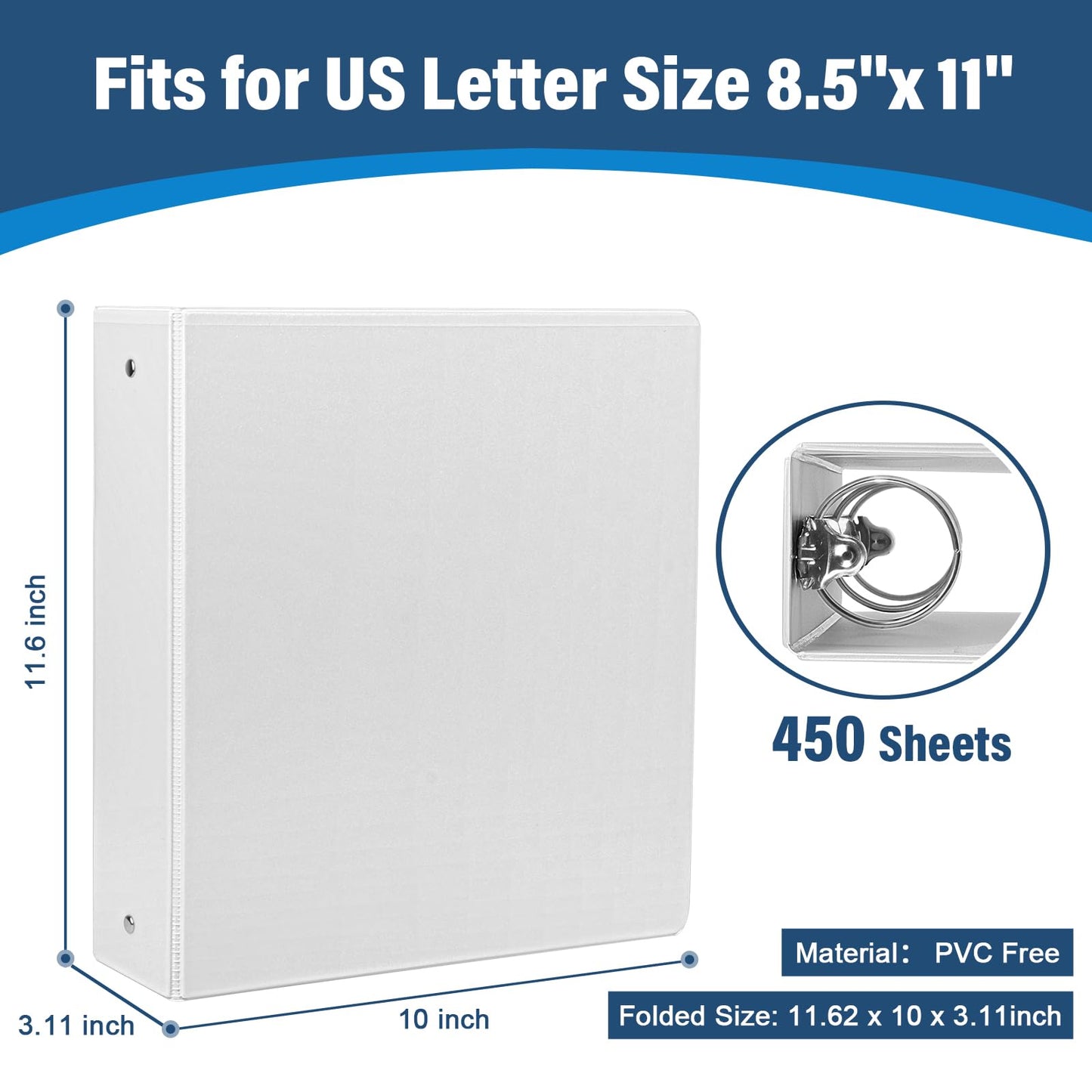 2-Inch 3-Ring Binder with Pockets, 2’’ Premium View Binders with Three Ring Binders Holds up to 450 Sheets US Letter Size, Bulk Pack of 6, Perfect for Home, Office, and School(XY014-WH) White