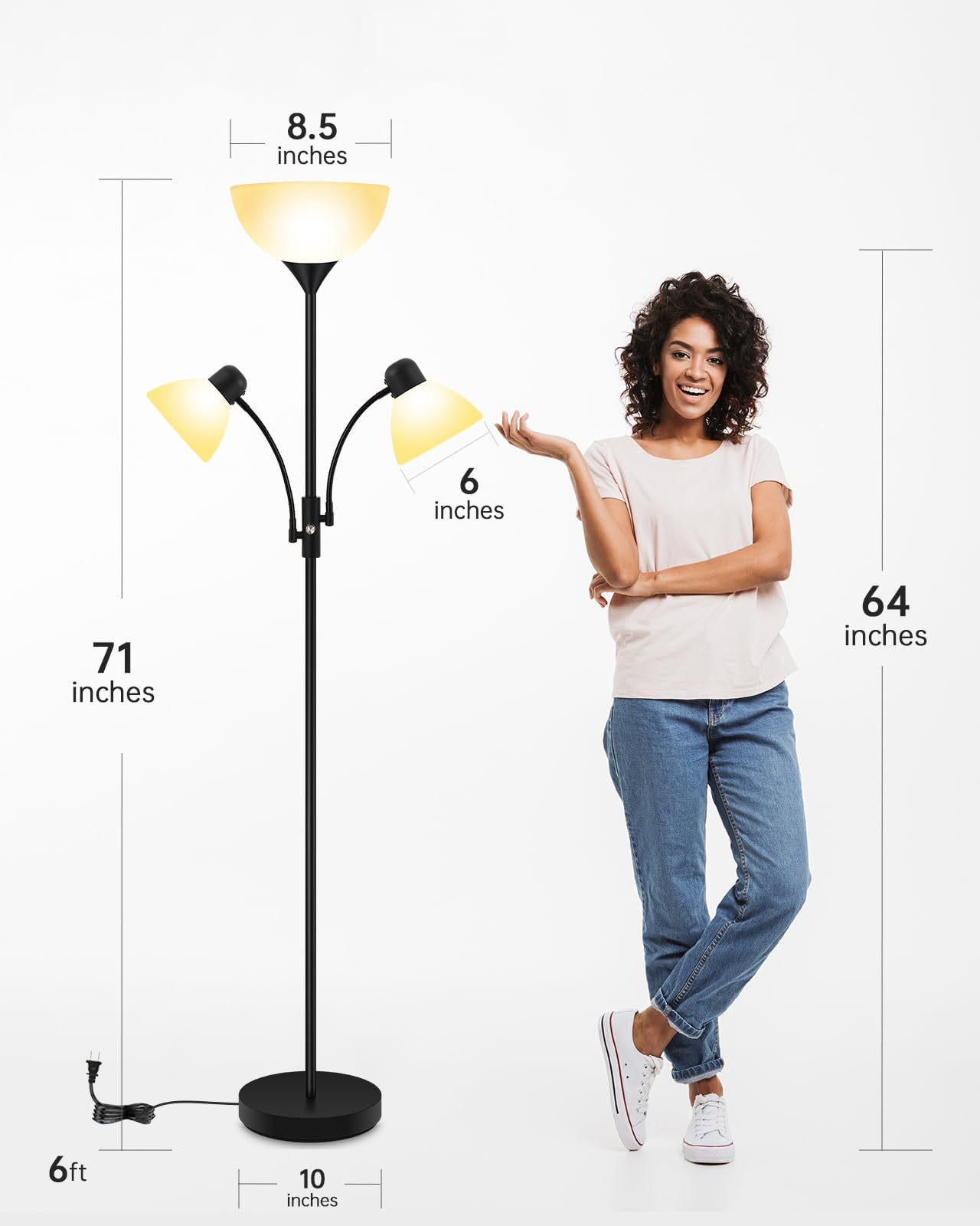 Floor Lamp Black, Standing Lamp, 71" Tall Lamps for Living Room, 3 Way Switch, Plastic Lampshade, Torchiere Floor Lamp with Reading Lamps, Modern Pole Lamps for Bedroom Kids Room E26 Base(No Bulb)